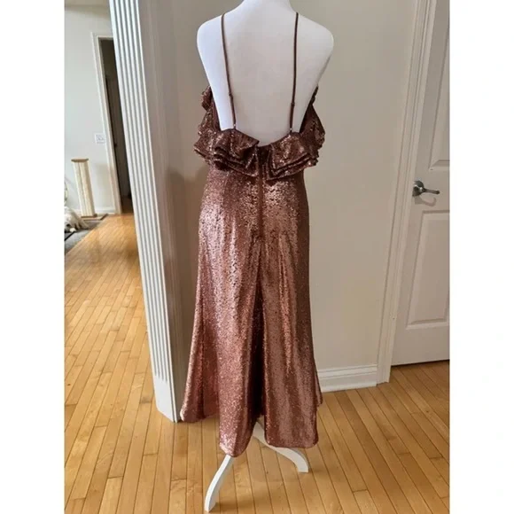 NWT C/MEO Collective Illuminated Sequin Ruffle Midi Dress | Copper Rose Gold | S - Picture 9 of 12